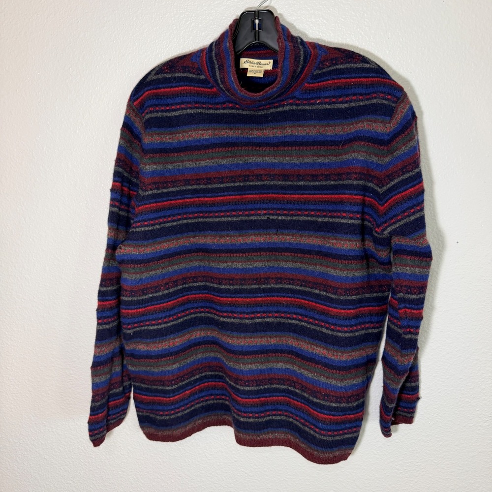 Eddie Bauer Lambswool Mock Neck Sweater Mens XL Striped Grandpacore Knit